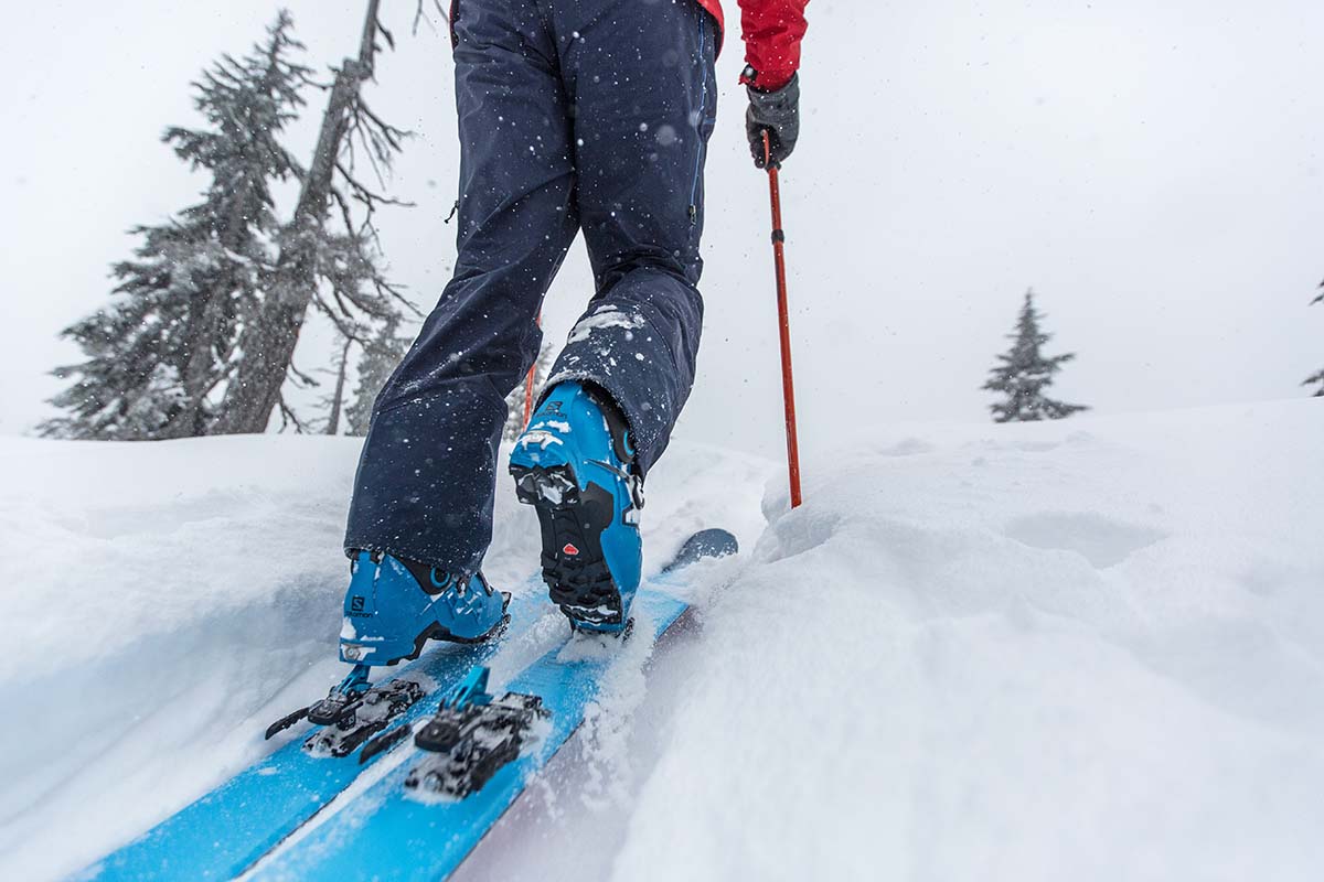 Skinning uphill in Salomon MTN backcountry ski bindings